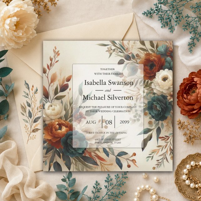 Invitación Boda con flores de otoño en naranja quemada y azul (Subido por el creador)