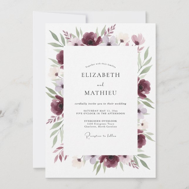 Invitación Boda con Flores de Pétalo de Borgoña (Anverso)