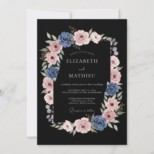 Invitación Boda con Flores de Rosa Azul Polvoriento (Anverso)