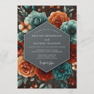 Invitación Boda con flores de teal y terracota melancólicas