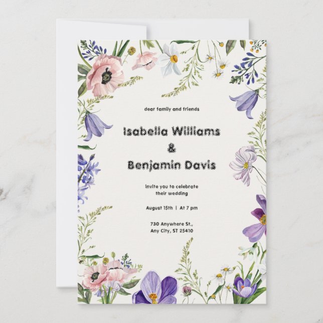 Invitación Boda con flores moradas y crema (Anverso)