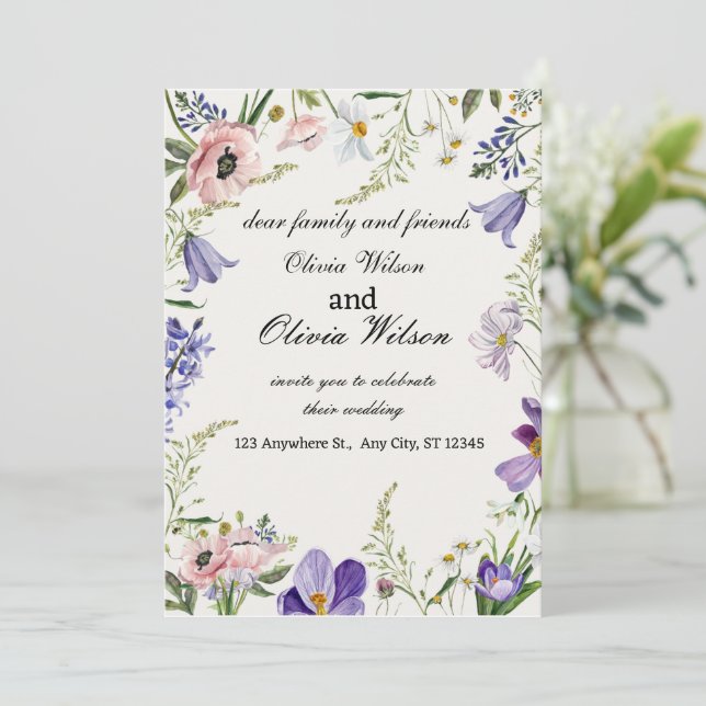 Invitación Boda con flores moradas y crema (Anverso de pie)