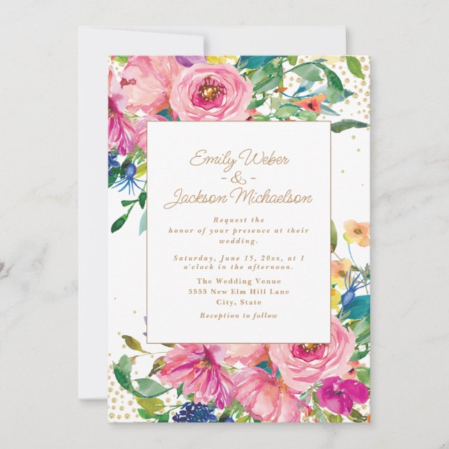 Invitación Boda con flores rosadas y amarillas con brillo dor (Anverso)