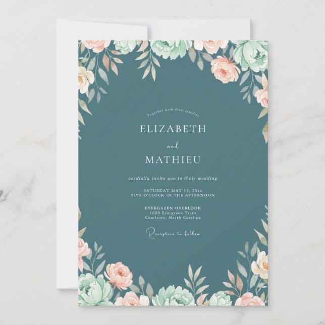 Invitación Boda con flores silvestres albaricoque pizarra (Anverso)