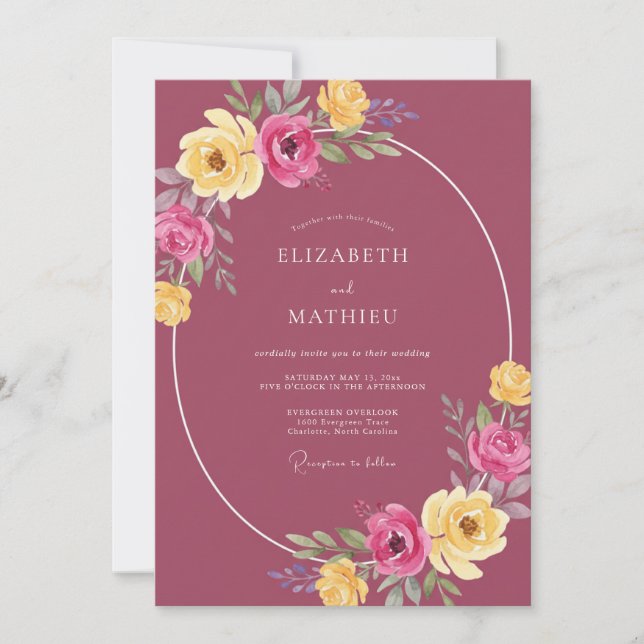 Invitación Boda con flores silvestres amarillas malvas (Anverso)