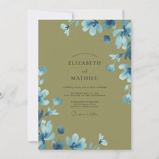 Invitación Boda con flores silvestres de aceituna azul (Anverso)