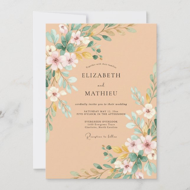Invitación Boda con flores silvestres de albaricoque (Anverso)