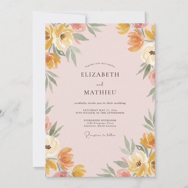 Invitación Boda con flores silvestres de albaricoque ocre (Anverso)