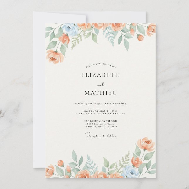 Invitación Boda con flores silvestres de albaricoque y azul c (Anverso)