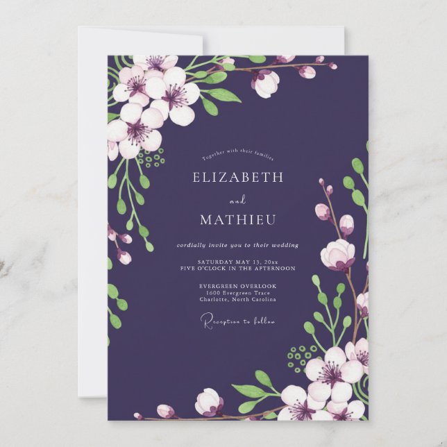 Invitación Boda con flores silvestres de ciruela oscura (Anverso)