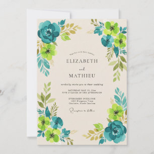 Invitación Boda con flores silvestres de color chartreuse azu