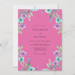 Invitación Boda con flores silvestres de color fucsia acuátic