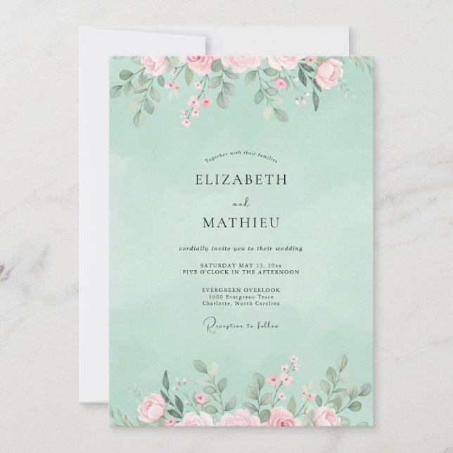Invitación Boda con flores silvestres de coral y menta (Anverso)