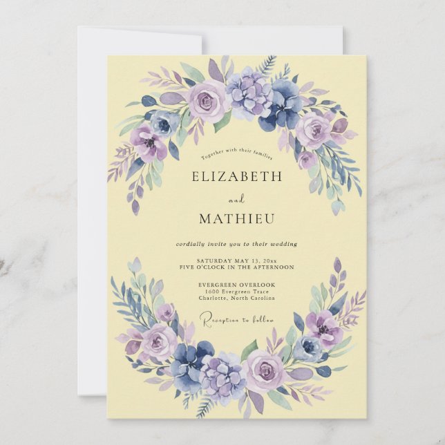 Invitación Boda con flores silvestres de lavanda y crema de m (Anverso)