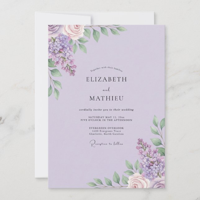 Invitación Boda con flores silvestres de lila desvaído (Anverso)