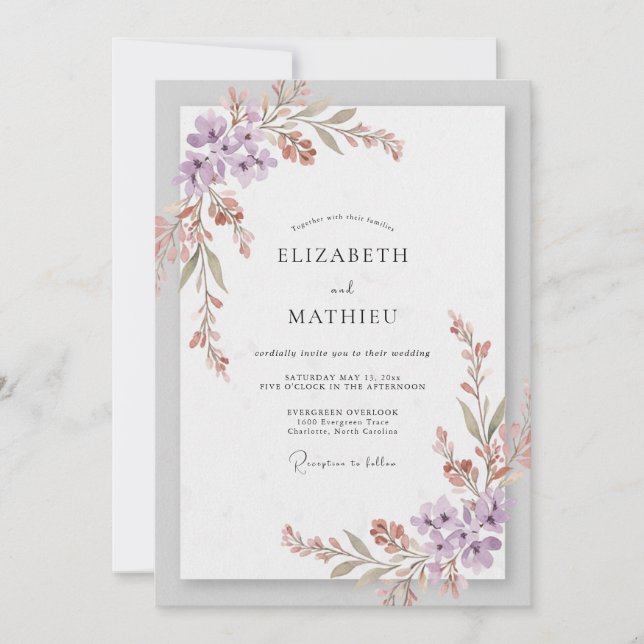 Invitación Boda con flores silvestres de lila malva (Anverso)