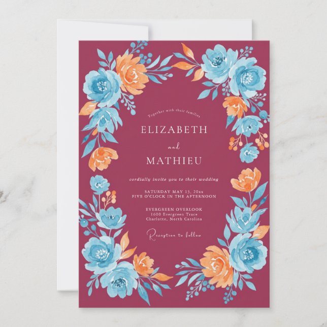 Invitación Boda con flores silvestres de melocotón borgoña (Anverso)