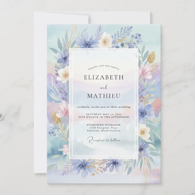 Invitación Boda con flores silvestres de melocotón y vincaper (Anverso)