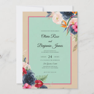 Invitación Boda con flores silvestres de menta y azul marino
