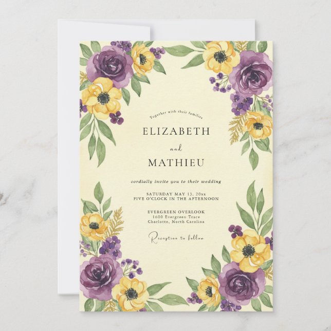 Invitación Boda con flores silvestres de mostaza y ciruela (Anverso)