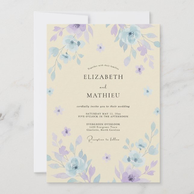 Invitación Boda con flores silvestres de violeta y crema (Anverso)
