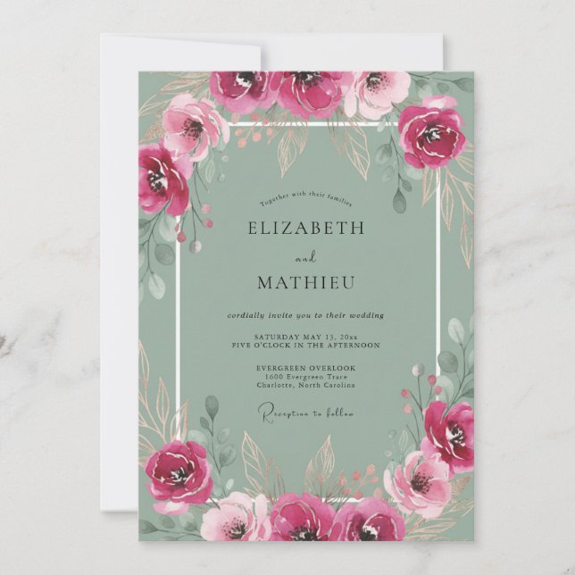 Invitación Boda con flores silvestres grises y fucsia (Anverso)