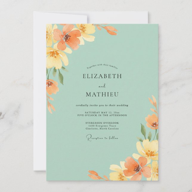 Invitación Boda con flores silvestres naranja espuma de mar (Anverso)