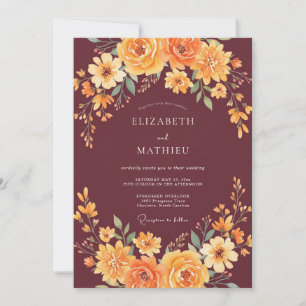 Invitación Boda con flores silvestres naranjas de Borgoña
