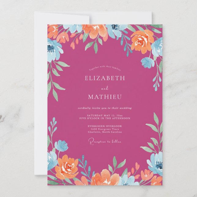 Invitación Boda con flores silvestres naranjas fucsia (Anverso)
