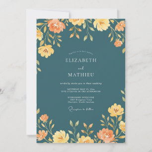 Invitación Boda con flores silvestres naranjas y azul verdoso