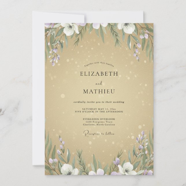 Invitación Boda con flores silvestres violetas y champán (Anverso)