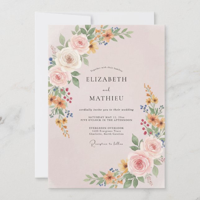 Invitación Boda con flores silvestres y hojas de melocotón (Anverso)