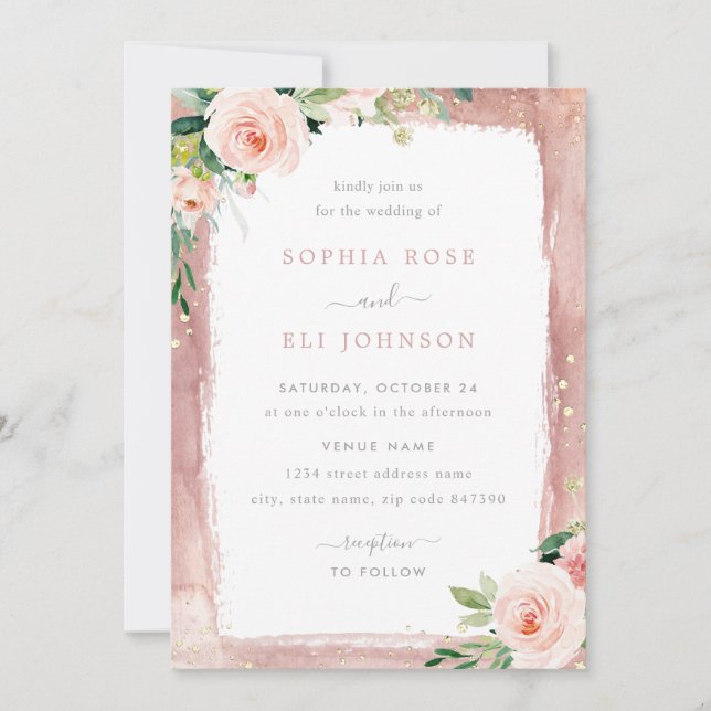 Invitación Boda con flores y bordes elegantes de Rubor (Anverso)