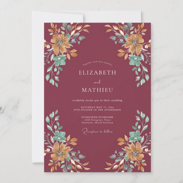 Invitación Boda con floritura artística de Borgoña (Anverso)