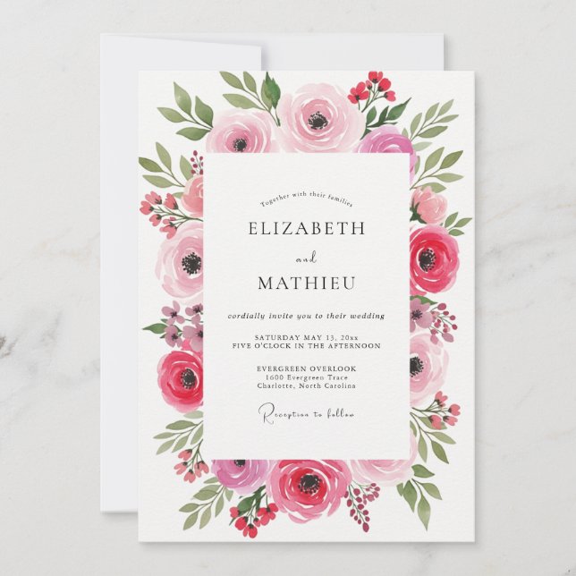 Invitación Boda con floritura artística rosa (Anverso)