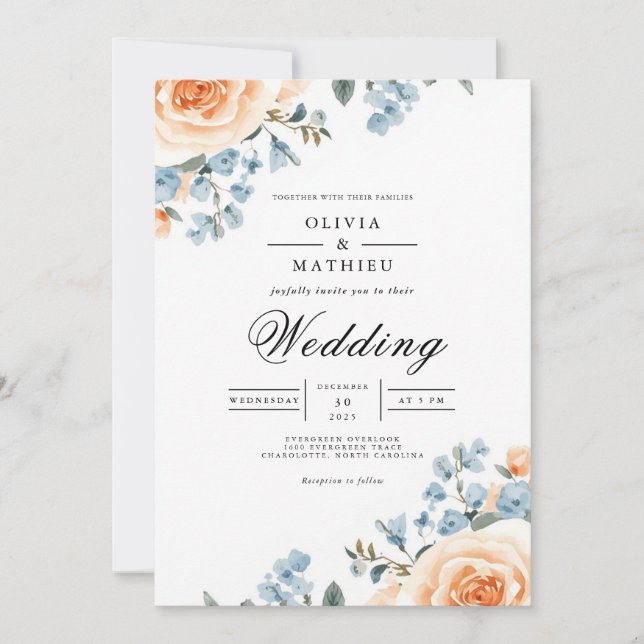 Invitación Boda con floritura botánica azul melocotón (Anverso)