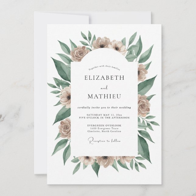 Invitación Boda con floritura botánica beige (Anverso)