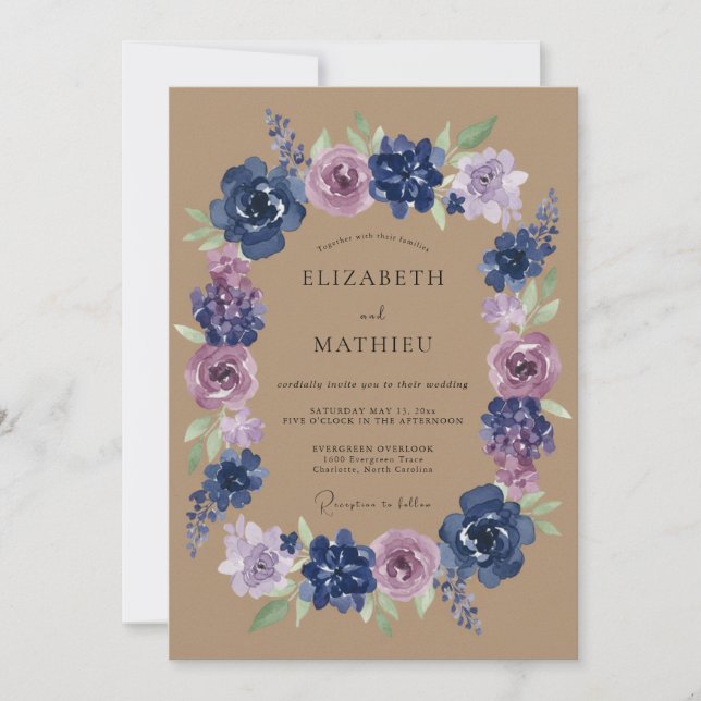 Invitación Boda con floritura botánica de lila naval (Anverso)