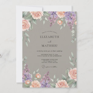 Invitación Boda con floritura botánica de lila rosa polvorien