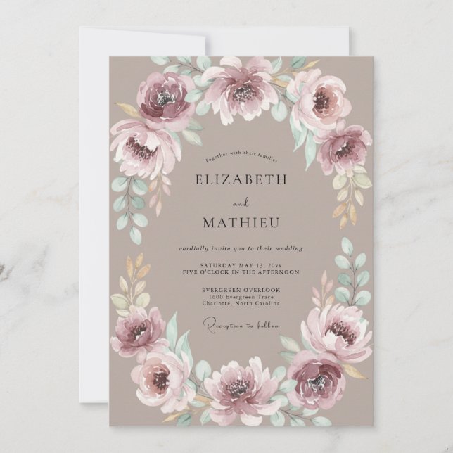 Invitación Boda con floritura botánica malva (Anverso)