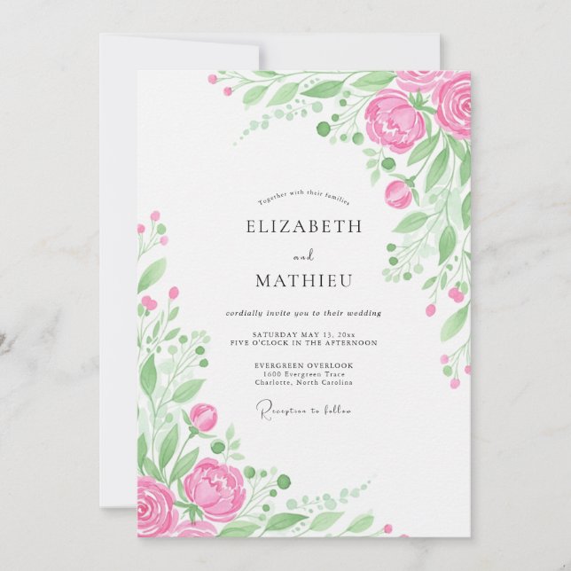 Invitación Boda con floritura botánica rosa (Anverso)