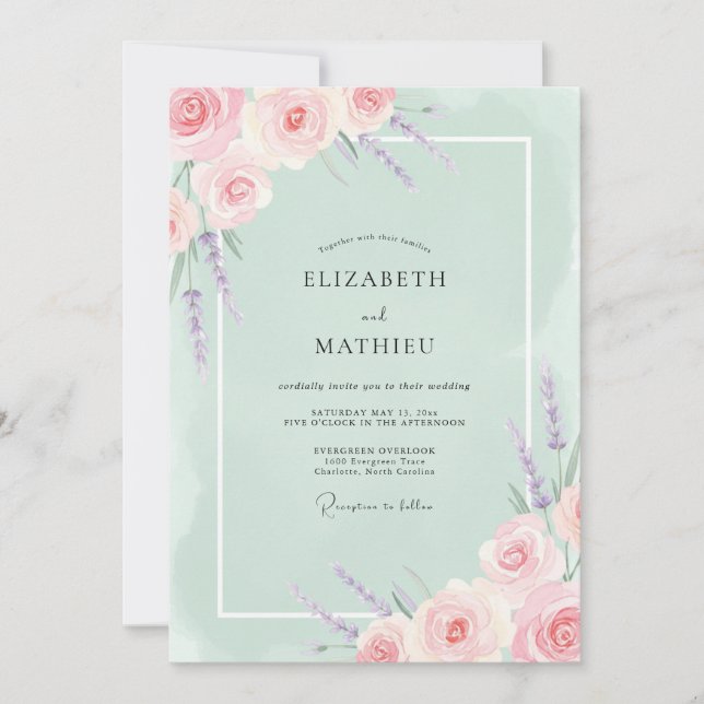 Invitación Boda con floritura botánica rosa pastel (Anverso)