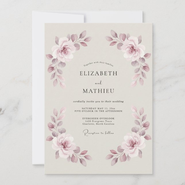 Invitación Boda con floritura botánica rosa polvorienta (Anverso)