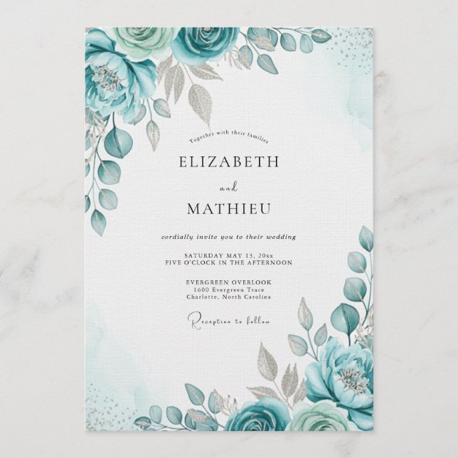 Invitación Boda con floritura botánica turquesa (Anverso)