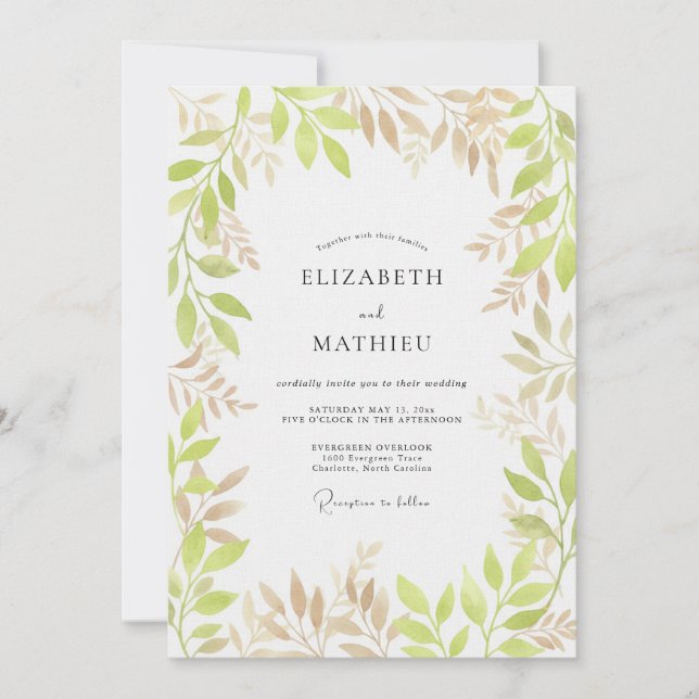 Invitación Boda con floritura botánica verde pálido (Anverso)