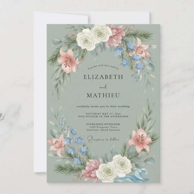 Invitación Boda con floritura de arco de flor de salvia (Anverso)