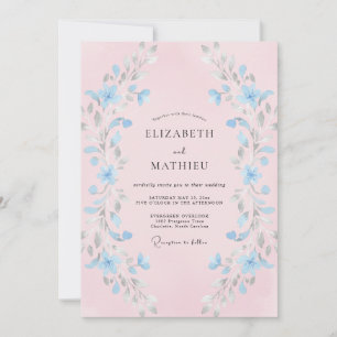 Invitación Boda con floritura de pincelada azul pálido