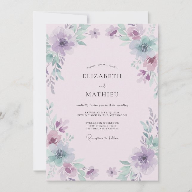 Invitación Boda con floritura delicada de lavanda (Anverso)