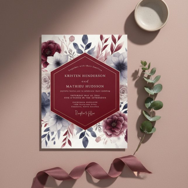 Invitación Boda con floritura etérea de Borgoña (Subido por el creador)