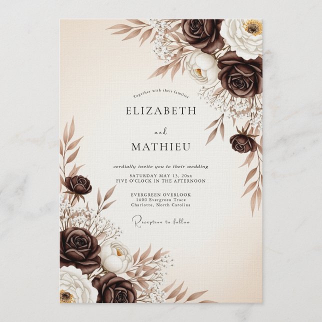 Invitación Boda con floritura etérea marrón (Anverso)